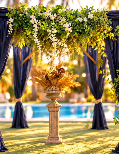 Arco floral azul junto a la piscina