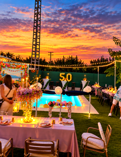 Celebración tropical al atardecer con 50