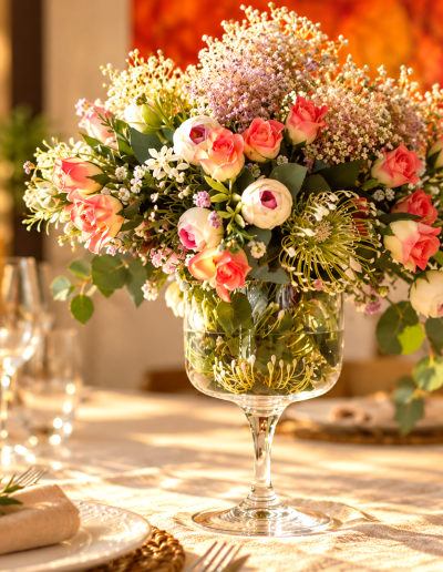 Centro floral elegante en mesa de celebración