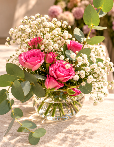 Centro floral romántico en rosas y eucalipto