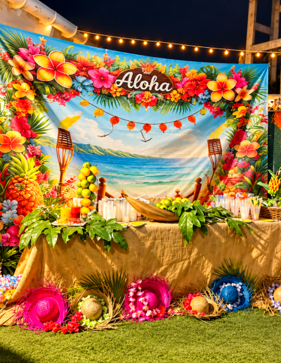 Mesa tropical de fiesta hawaiana al anochecer