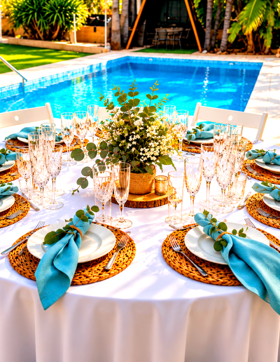 Mesa tropical junto a la piscina